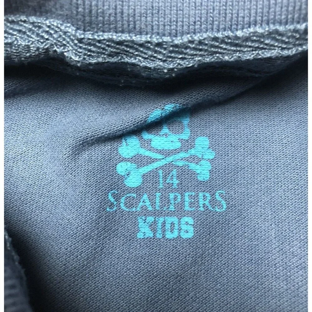 Scalpers Kids Shirt Polo Boys Button Up Blue Skull Logo Size 14 Both Sided Logo